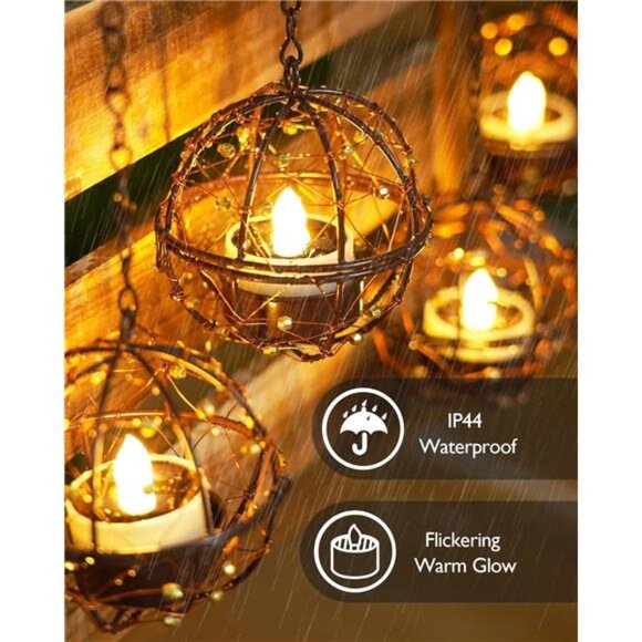 Solar Tea Lights Outdoor Hanging Lanterns Waterproof Patio Garden Copper 4 Pack - Picture 6 of 7